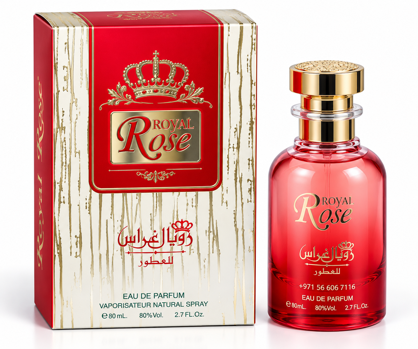 Royal Rose eau de parfum 80ml red bottle with printed carton by Royal Grasse Perfumes