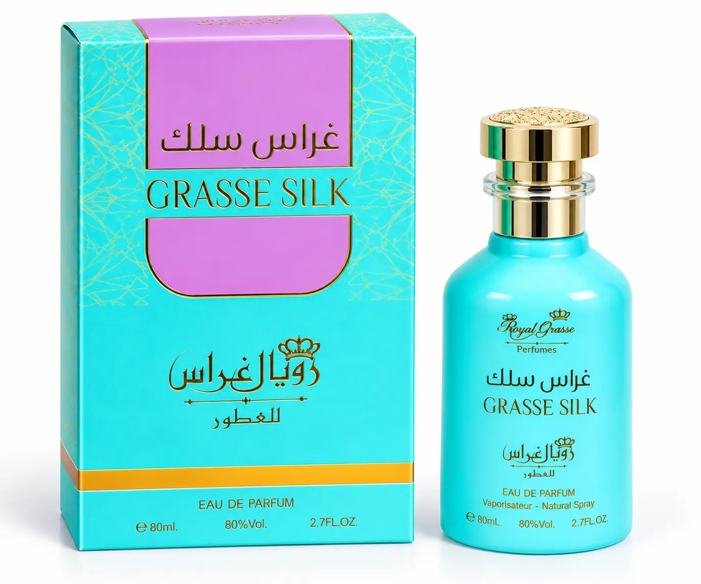 Grasse Silk eau de parfum 80ml turquoise bottle with matching carton by Royal Grasse Perfumes