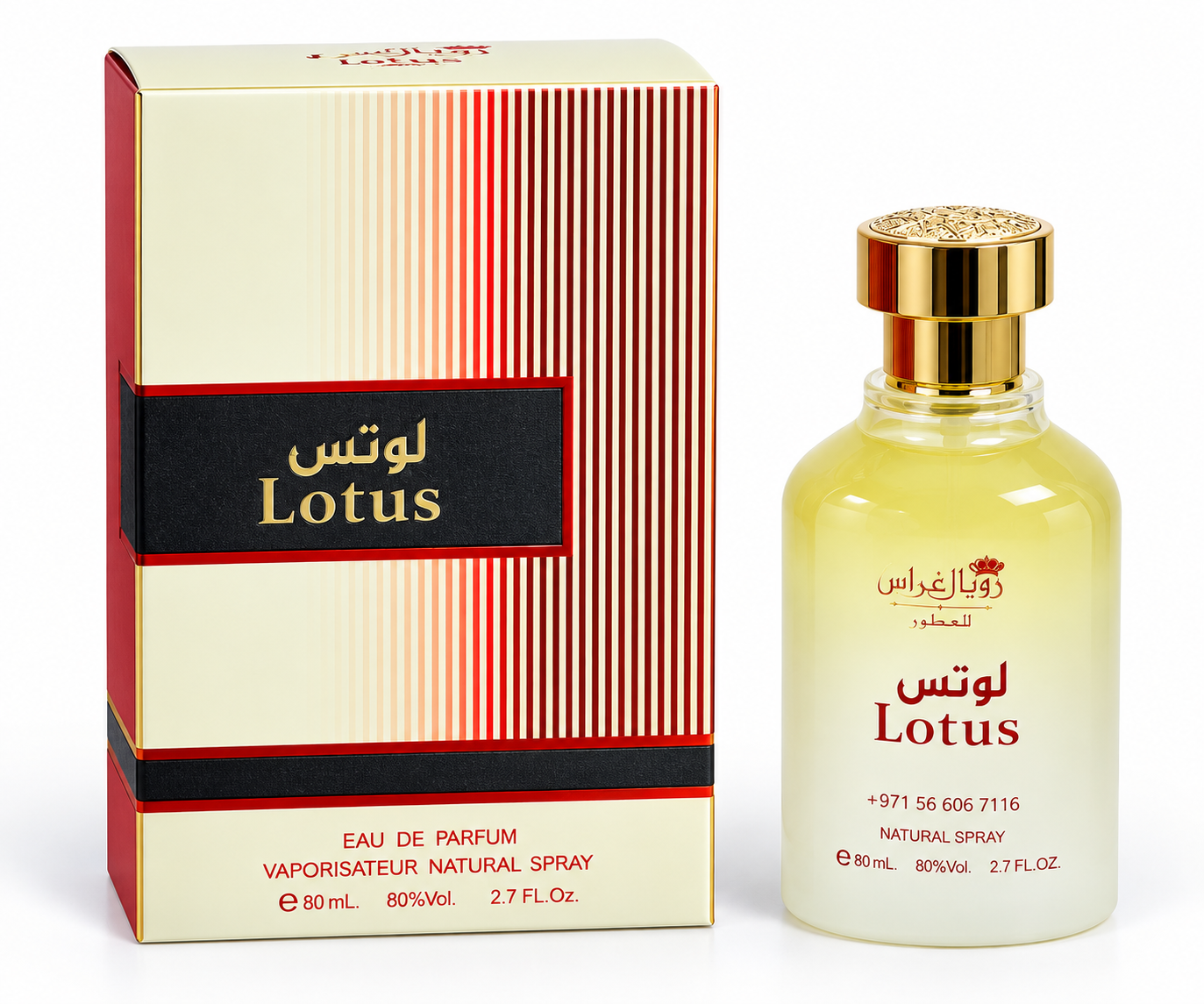 Lotus eau de parfum 80ml bottle with ivory and red carton by Royal Grasse Perfumes